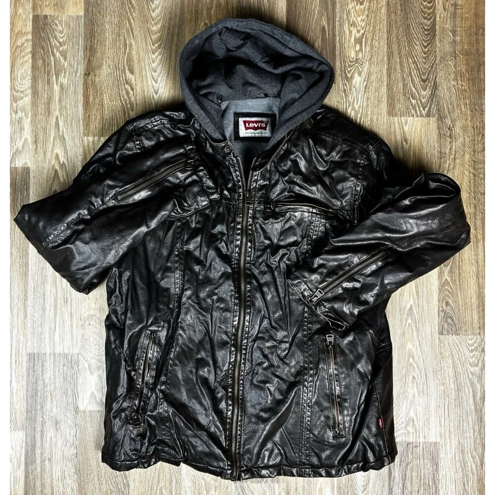 Levis Leather Jacket Mens Size XL Black Solid Hooded Full Zip Collared Polyester